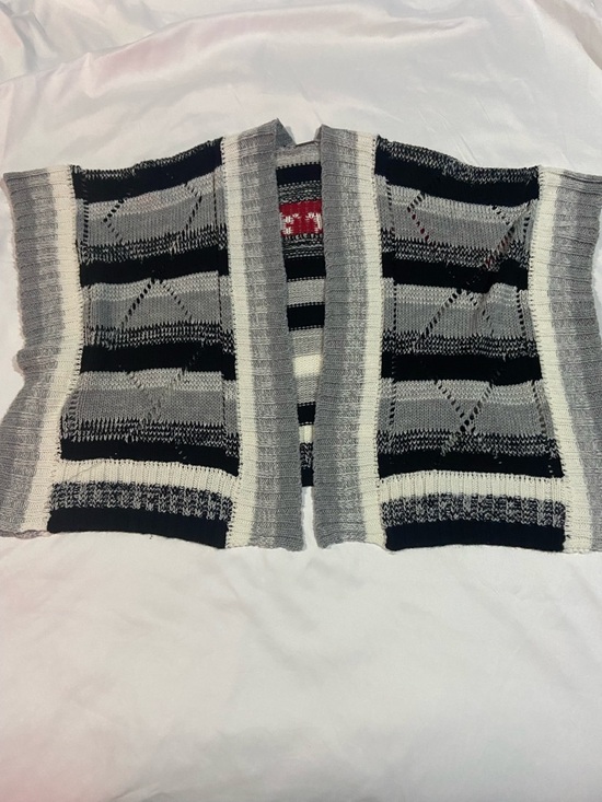 Poof Girl Sweaters - Open-Front Striped Knit Cardigan in Gray & Black